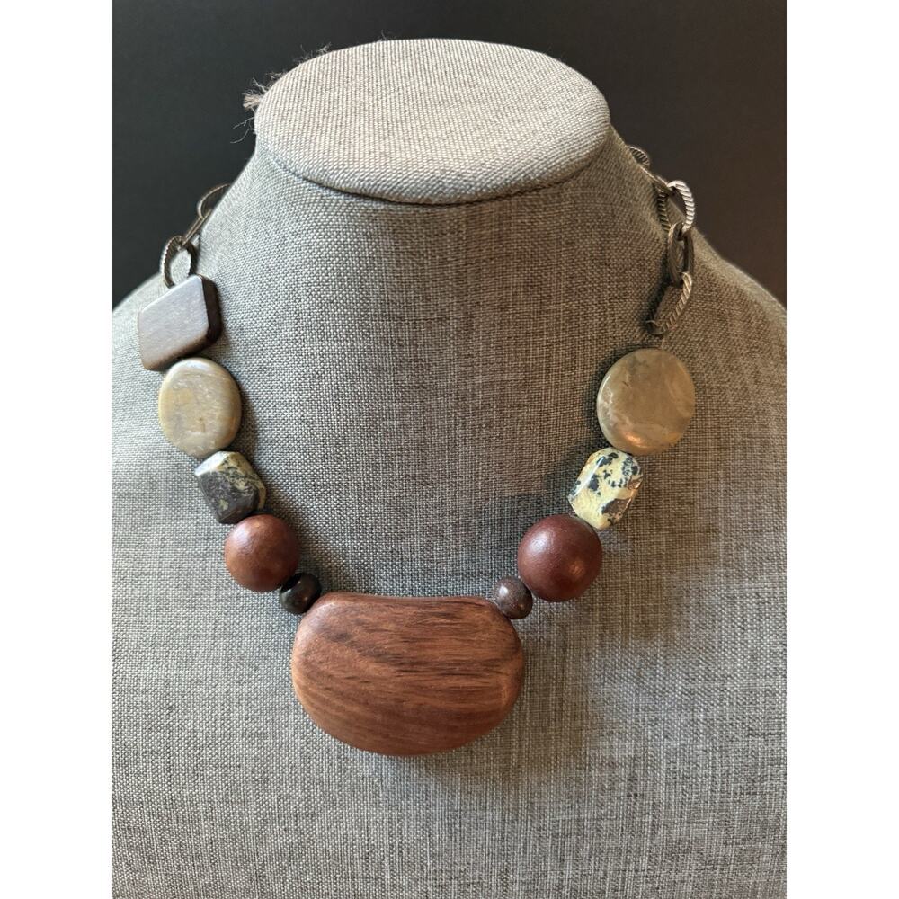 Handcrafted Chunky Statement Necklace Wood Semi Precious Stones Beaded Chain
